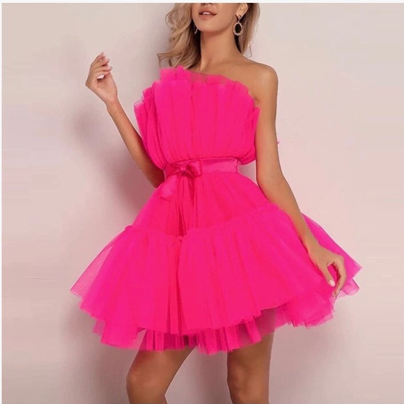 Hot pink barbie tulle ballerina mini dress bow belt kendall jenner tiered layer - Picture 6 of 9